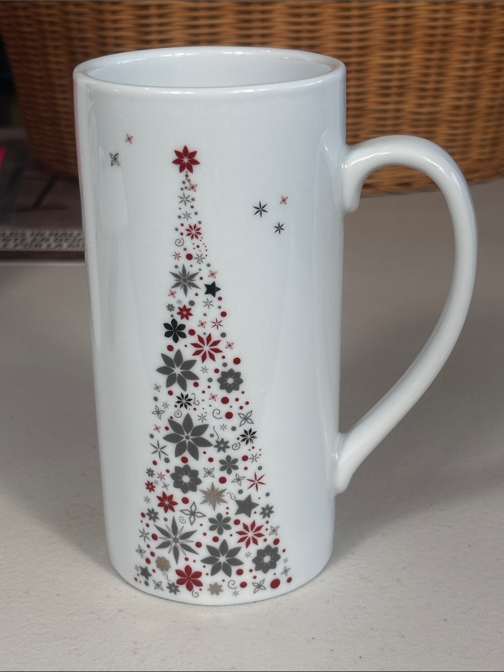 Tall Christmas Mug Red Gray Floral Tree Holiday Coffee Cup 6”